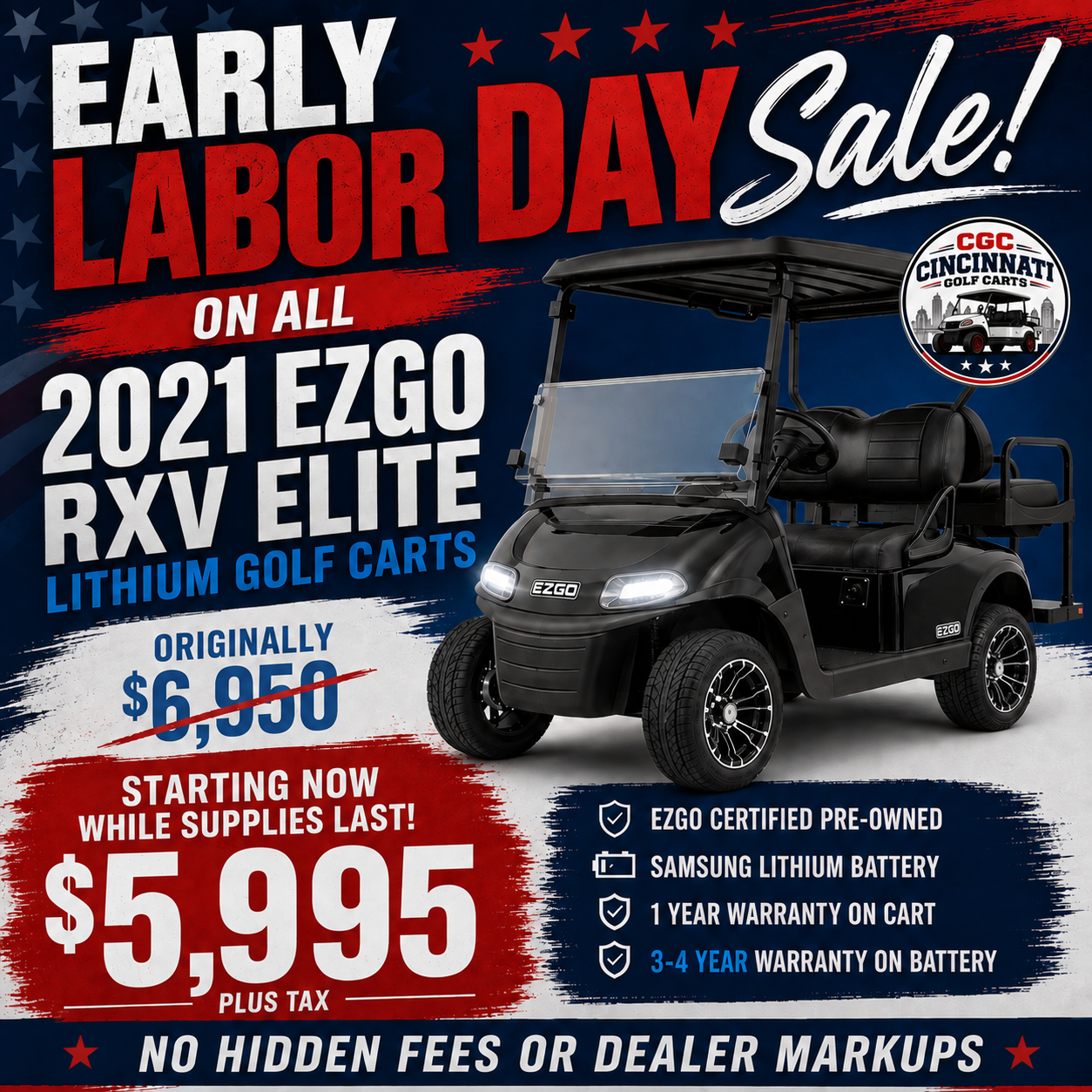 Early Labor Day Sale — 2021 E-Z-GO RXV Elite Lithium golf carts now $5,995