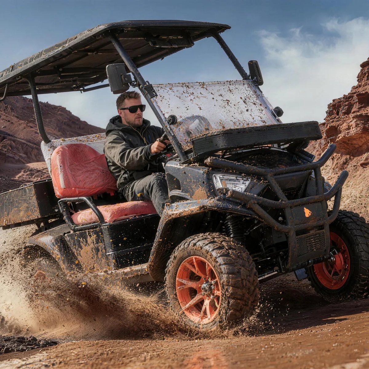 Wolverine cart kicking up mud on an off-road trail