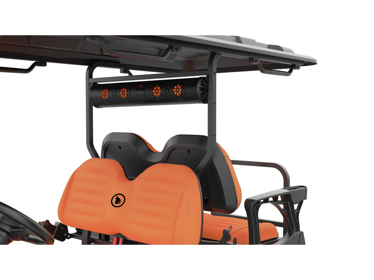 Wolverine cart orange seats, roof and light bar